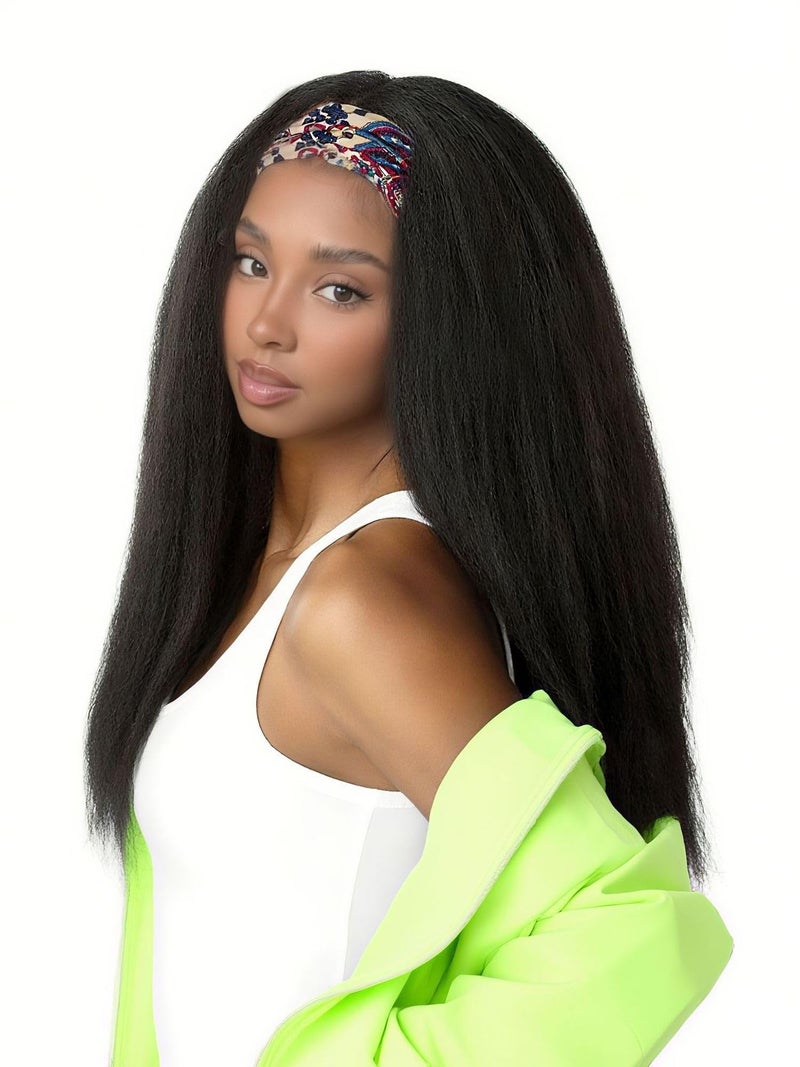 Aminow Kinky Straight Headband Wig, Soft & Natural as Human Hair, Glueless Headband Wigs for Black Women, Long Black Italian Yaki Synthetic Half Wig (1B Natural Black, 20 Inch) - Image 1