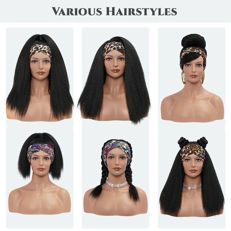 Aminow Kinky Straight Headband Wig, Soft & Natural as Human Hair, Glueless Headband Wigs for Black Women, Long Black Italian Yaki Synthetic Half Wig (1B Natural Black, 20 Inch) - Image 4