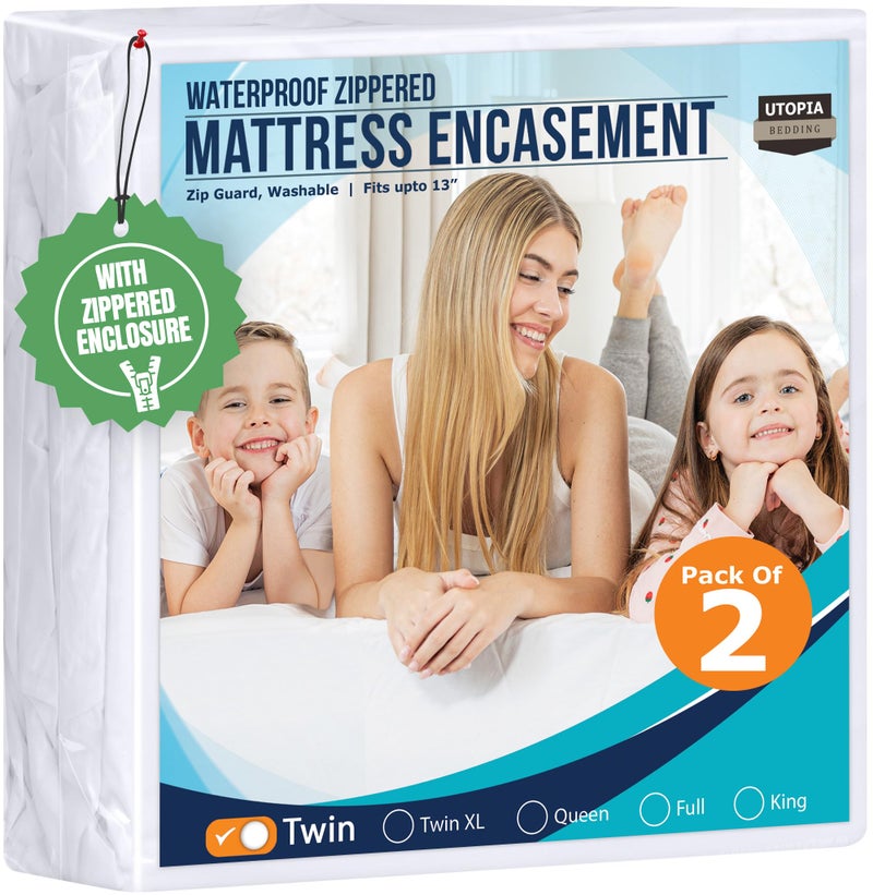 Utopia Bedding Waterproof Mattress Protector Twin Size Pack of 2 Zippered Mattress Encasement Bed Bug and Dust Mite Proof Absorbent SixSided Mattress Cover