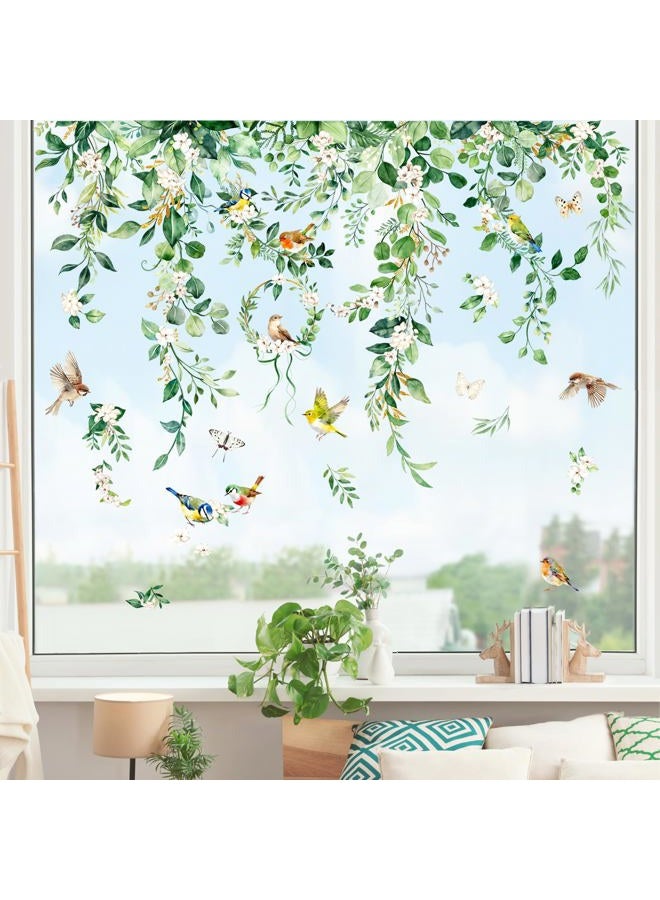 Supzone Summer Hanging Vine Leaves Static Window Clings Double Sided Spring Eucalyptus Flower Leaf Plant Birds Window Decals Anti-Collision Glass Doors Mirror Stickers for Home Store Party Decorations - Image 5