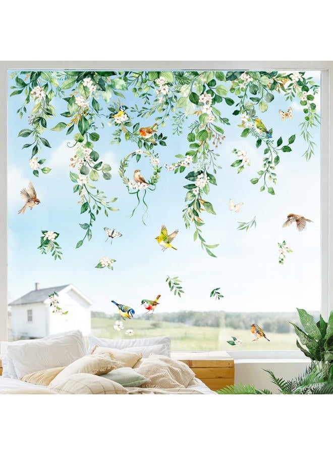 Supzone Summer Hanging Vine Leaves Static Window Clings Double Sided Spring Eucalyptus Flower Leaf Plant Birds Window Decals Anti-Collision Glass Doors Mirror Stickers for Home Store Party Decorations - Image 3