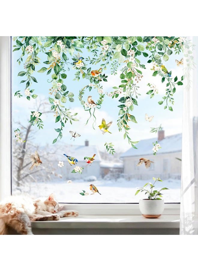 Supzone Summer Hanging Vine Leaves Static Window Clings Double Sided Spring Eucalyptus Flower Leaf Plant Birds Window Decals Anti-Collision Glass Doors Mirror Stickers for Home Store Party Decorations - Image 4