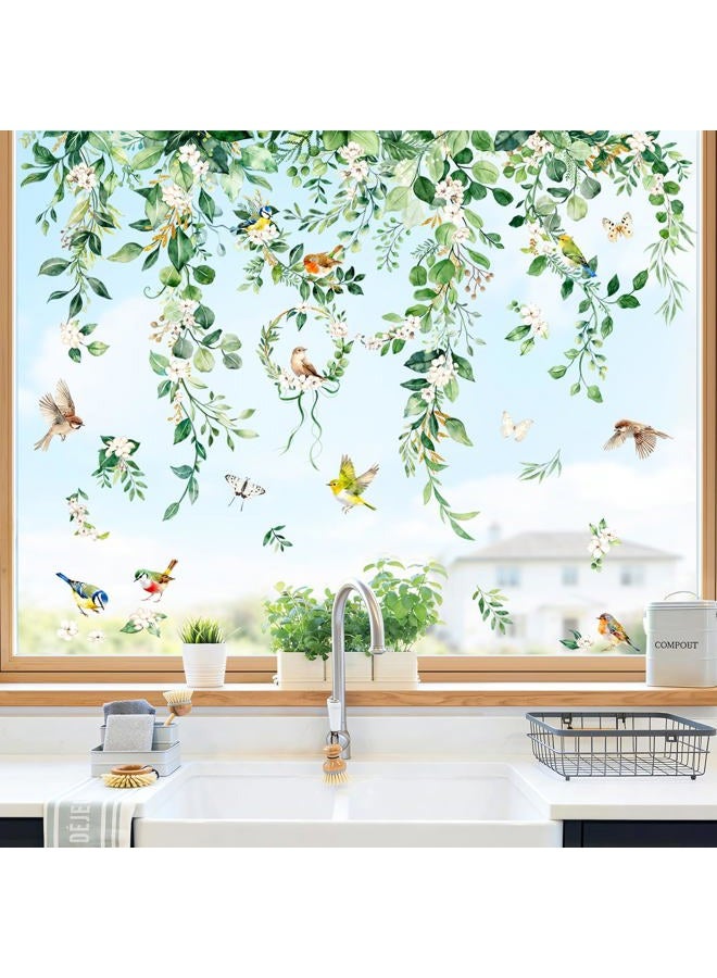 Supzone Summer Hanging Vine Leaves Static Window Clings Double Sided Spring Eucalyptus Flower Leaf Plant Birds Window Decals Anti-Collision Glass Doors Mirror Stickers for Home Store Party Decorations - Image 1