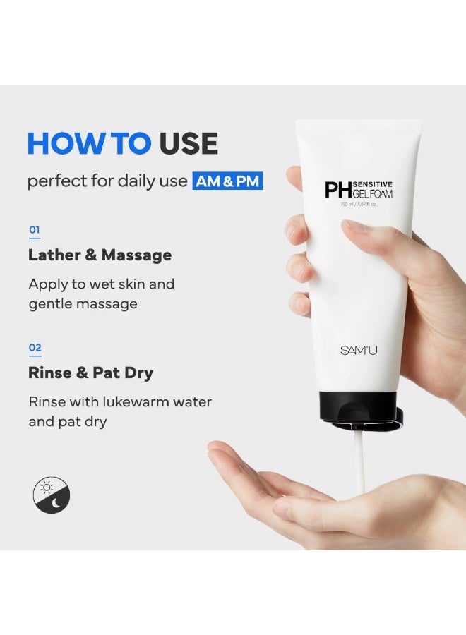 SAM'U PH Sensitive Gel Foam Cleanser | Korean Hydrating Face Wash with Hyaluronic Acid & Centella | Gentle Facial Cleanser for Dry & Sensitive Skin (5.07 Fl. Oz.) - Image 3
