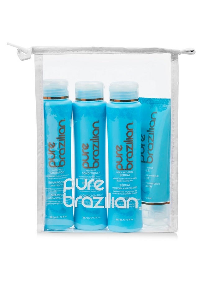 Pure Brazilian PURE BRAZILIAN - 4 Piece Essential Travel Size Kit: Anti-Frizz Shampoo, Conditioner, Serum & Masque  - Image 1