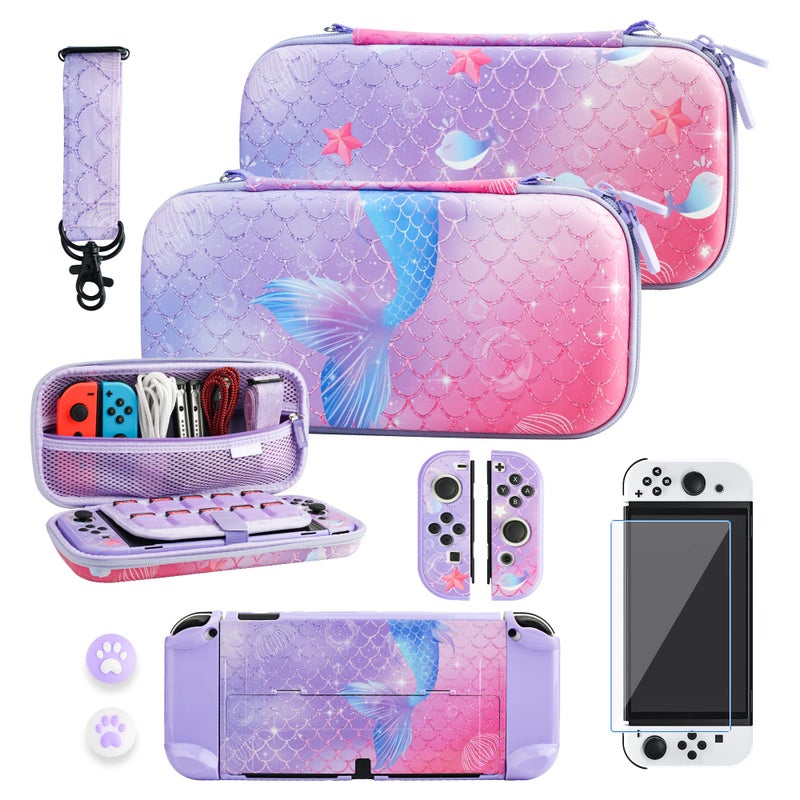 RHOTALL Purple Carrying Case for Nintendo Switch OLED Cute Storage Case for Switch OLED Accessories with Hard Protective Case Screen Protector Adjustable Shoulder Strap and 2 Thumb Caps for fish - Image 2