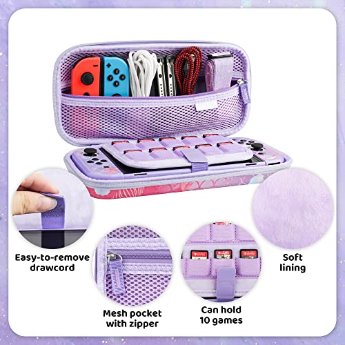RHOTALL Purple Carrying Case for Nintendo Switch OLED Cute Storage Case for Switch OLED Accessories with Hard Protective Case Screen Protector Adjustable Shoulder Strap and 2 Thumb Caps for fish - Image 3