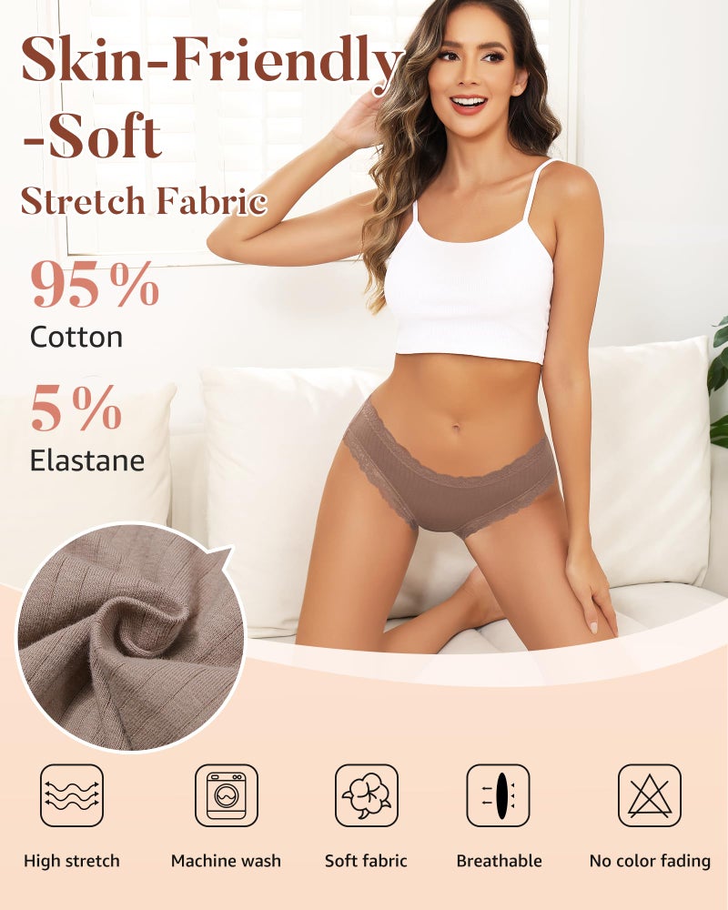 LEVAO Cotton Underwear for Women Lace Cheeky Bikini Panties Full Coverage Soft Stretch Hipster Ladies Briefs 6 Pack S-XL - Image 5