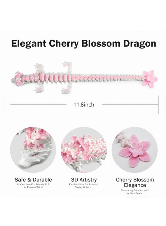 3D Printed Cherry Blossom Dragon – 11.8in Realistic Articulated Dragon Fidget Toy, Desk Décor and Collectible and Gift (White Pink) - Image 3