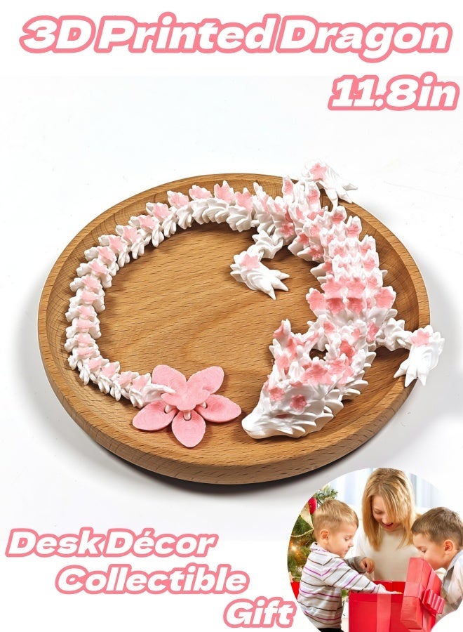 3D Printed Cherry Blossom Dragon – 11.8in Realistic Articulated Dragon Fidget Toy, Desk Décor and Collectible and Gift (White Pink) - Image 1
