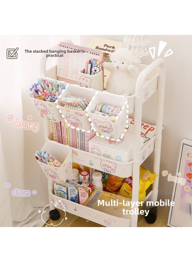 Trolley Storage Rack Snack Cosmetics Mobile Storage Rack Cabinet Home Bedside Dormitory Multi-layer Floor-standing Shelf-Color:White Three-layer + 4 Hanging Baskets, Free Installation Hammer + Stickers!-Style:3rd Floor  - Image 1