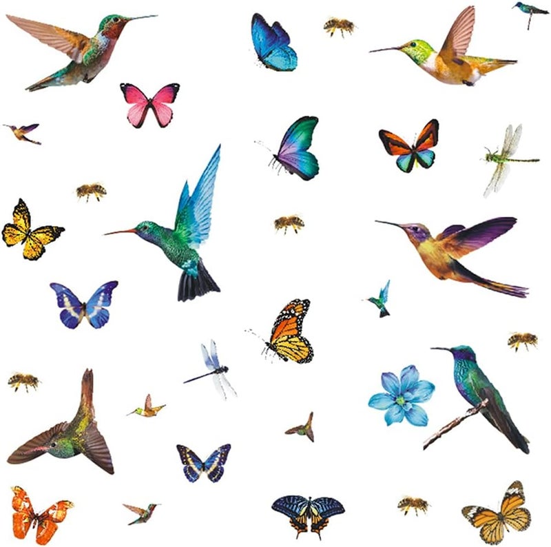SNOMEL 32Pcs Watercolor Butterfly and Hummingbird Stickers Bee Dragonfly Flower Wall Decals Self Adhesive Flying Bird Art Decor for Bedroom Nursery Kids Playroom - Image 1