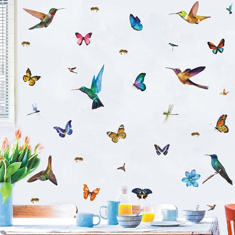 SNOMEL 32Pcs Watercolor Butterfly and Hummingbird Stickers Bee Dragonfly Flower Wall Decals Self Adhesive Flying Bird Art Decor for Bedroom Nursery Kids Playroom - Image 5