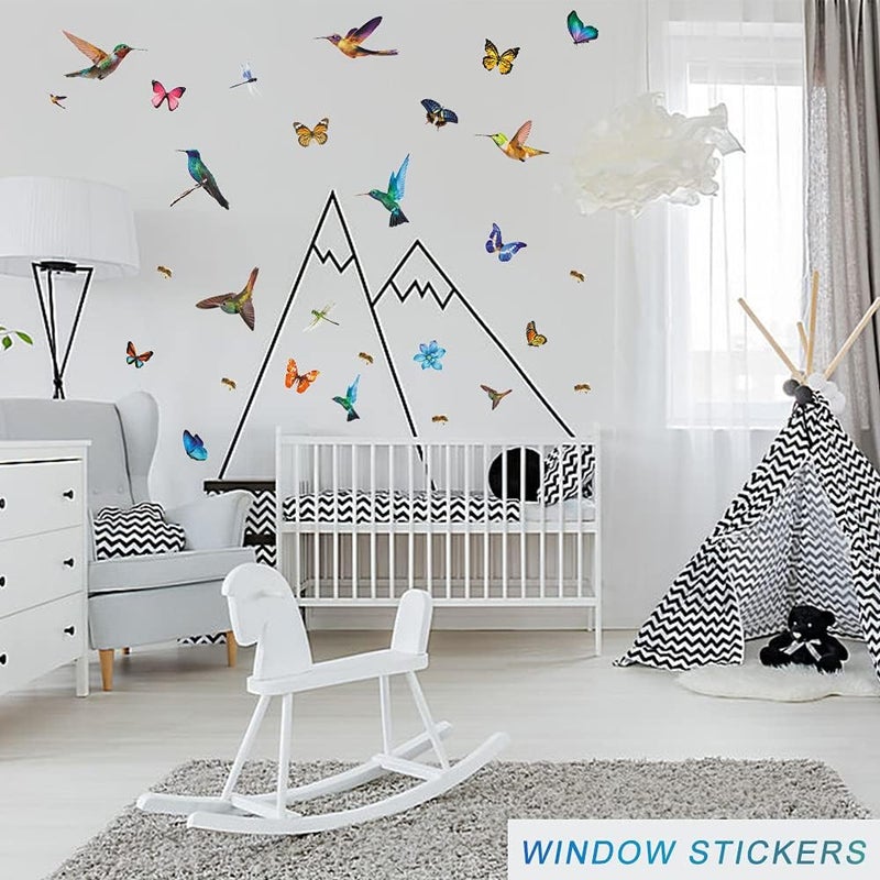 SNOMEL 32Pcs Watercolor Butterfly and Hummingbird Stickers Bee Dragonfly Flower Wall Decals Self Adhesive Flying Bird Art Decor for Bedroom Nursery Kids Playroom - Image 2