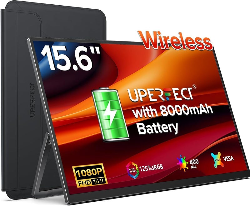 UPERFECT Wireless Portable Monitor with Battery 8000mAh, 15.6" 1080P FHD Ultra Slim Travel Monitor with Stand/VESA/Sleeve, External Second Screen for Laptop, PC, Phone, Support AirPlay Miracast - Image 1
