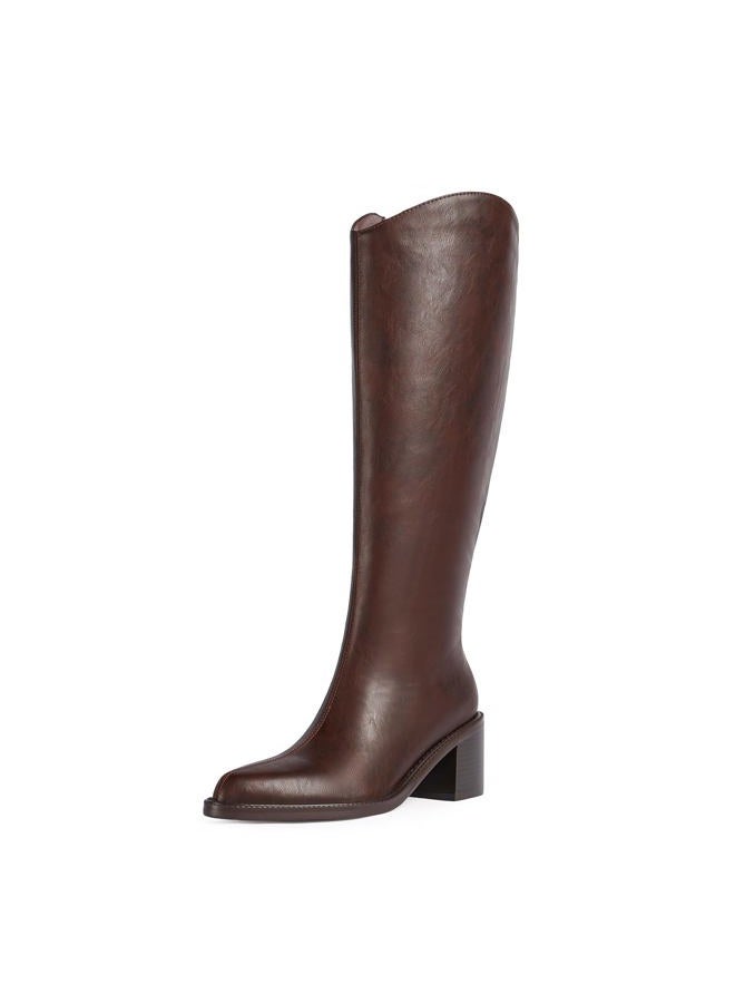 Modatope Women's Knee High Boots Pointed Toe Chunky Block Heel Tall Boots with Side Zipper Long Boot, Brown, 10 - Image 1