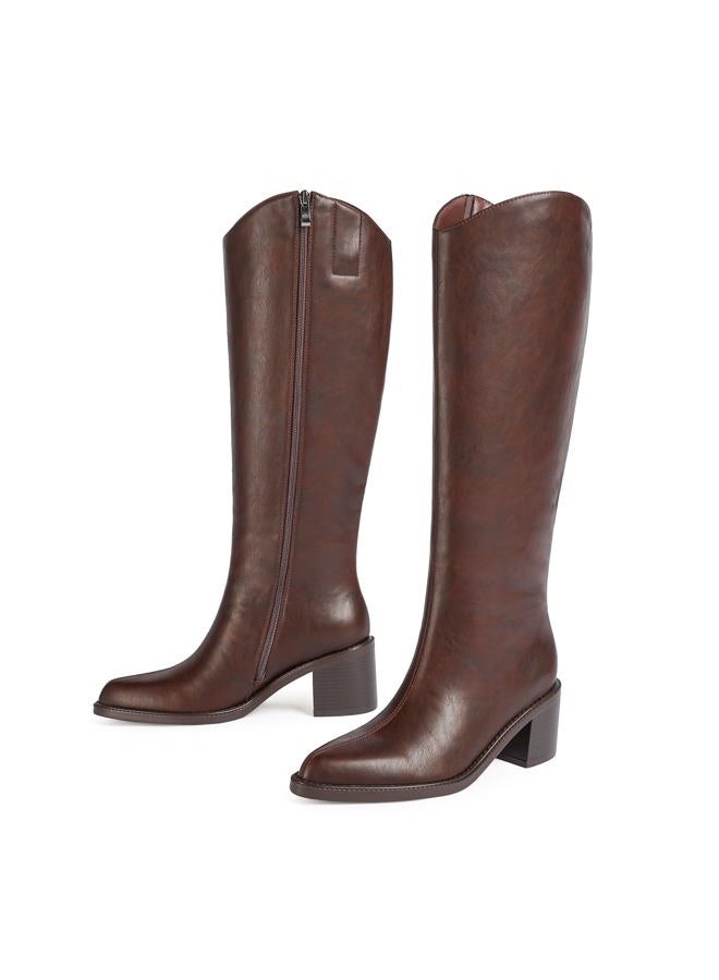 Modatope Women's Knee High Boots Pointed Toe Chunky Block Heel Tall Boots with Side Zipper Long Boot, Brown, 10 - Image 5