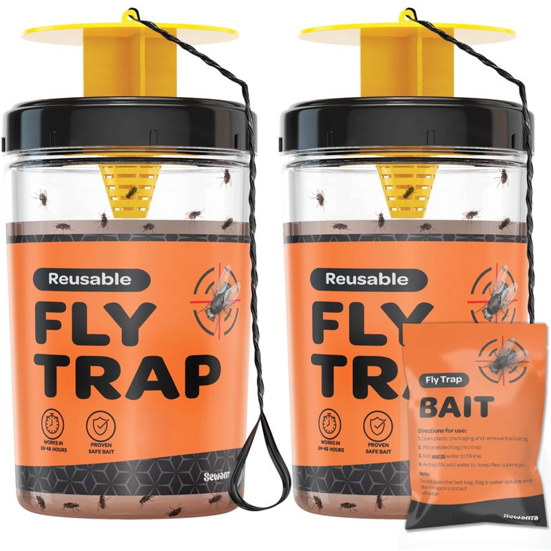SEWANTA Fly Traps Outdoor [Set of 2] with Dissolvable Non-Toxic Bait - Reusable Hanging Bug Catcher Killer for All Flies for Outside Bug Control Patios, Barns, Ranches Etc. Hanging Fly Traps with Tie Included - Image 1
