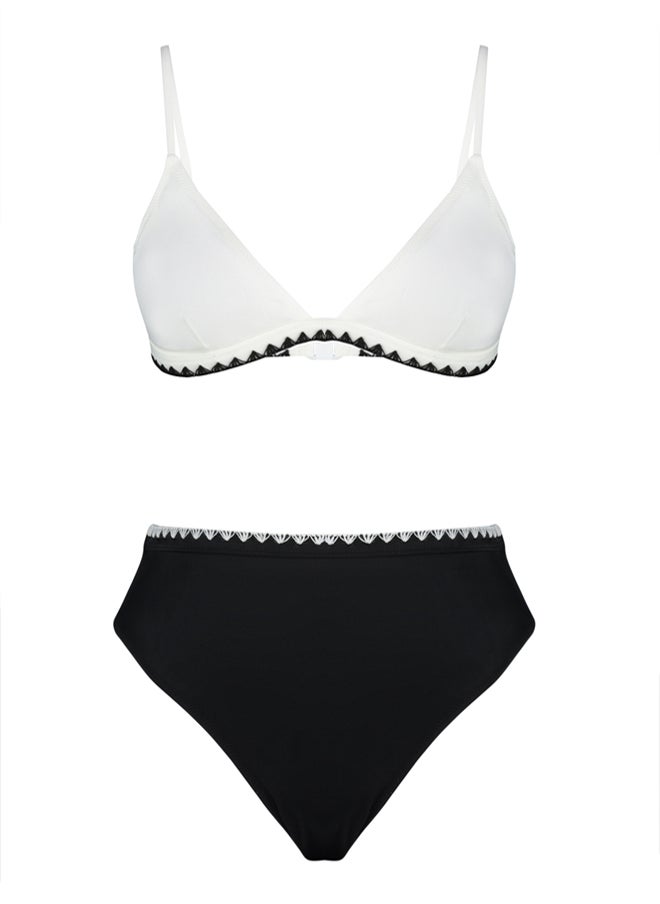 Black-White Color Block Triangle Embroidered High Waist Regular Bikini Set