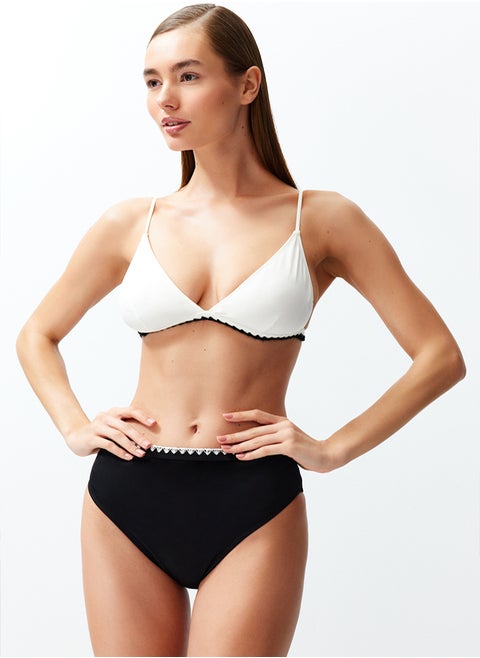 Black-White Color Block Triangle Embroidered High Waist Regular Bikini Set