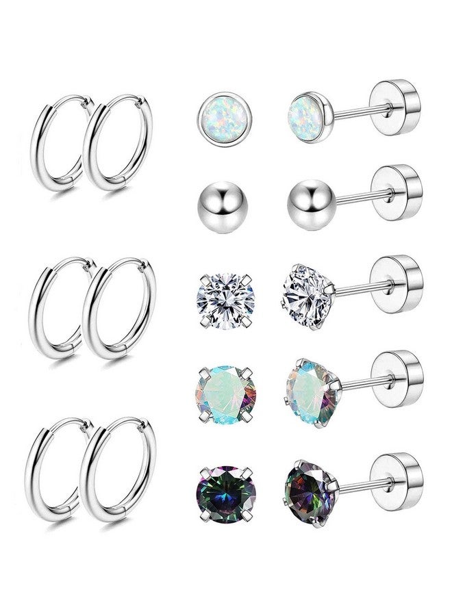 Jstyle Surgical Steel Earrings for Sensitive Ears - Hypoallergenic 20G Stainless Stud and CZ Hoop Earrings for Women and Men - Silver Tone - Image 1