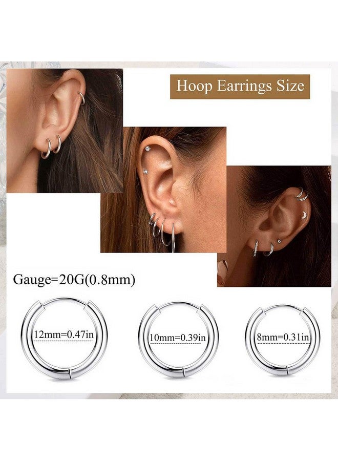 Jstyle Surgical Steel Earrings for Sensitive Ears - Hypoallergenic 20G Stainless Stud and CZ Hoop Earrings for Women and Men - Silver Tone - Image 4