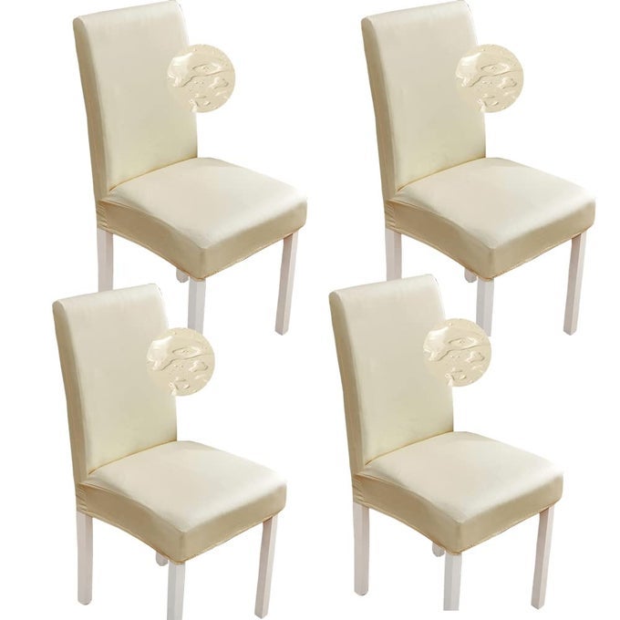 STRETCH DINING CHAIR COVERS WATERPROOF PU LEATHER CHAIR SLIPCOVERS CHAIR PROTECTOR COVER UNIVERSAL CHAIR COVERS FOR DINING ROOM KITCHEN HOTEL SET OF 4 BEIGE