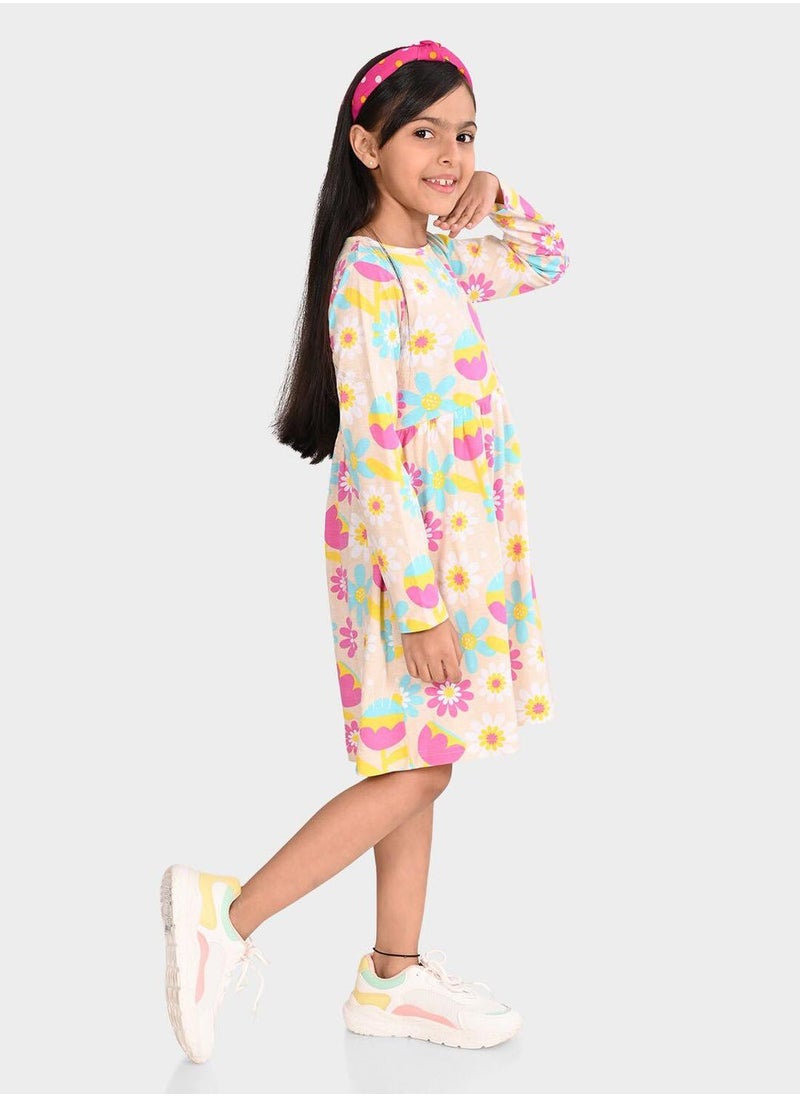 Regular Fit Printed Peach And Multicolour Cotton Dresses For Girls Round Neck Flat Collar Pull On 100 % Cotton - pzsku/Z9E7B44F30EB57ADB8E21Z/45/_/1740301005/c7a1f85e-298e-4d81-8bb2-d73785f41919