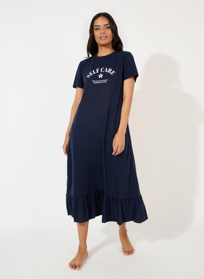 Styli Self Care Slogan Ruffle Hem Sleep T-Shirt Dress - Image 1