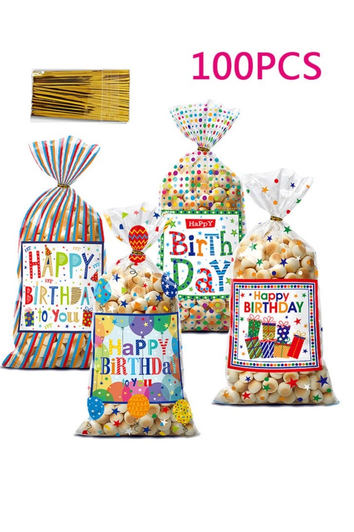 100 PCS Happy Birthday Cellophane Treat Bags(5.1x10.6 Inch) with Ties Colorful Plastic Goodie Candy Cookie Goody Loot Gifts Bags Bulk Pouches for Birthday Party Favors Supplies Decorations for Kids - Image 1