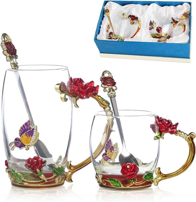 GLASS FANCY TEA CUP SET BIRTHDAY CHRISTMAS VALENTINES DAY GIFT IDEA FOR TEA LOVER AND WOMEN NOVELTY COFFEE MUGS ROSE FLOWER ENAMEL GLASS MUG WITH SPOON
