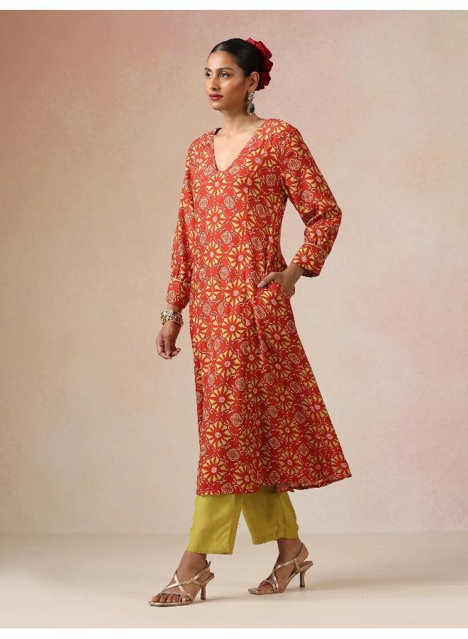 trueBrowns Red Light Green Print Vicose A-line Glass Neck Kurta Set - Image 1