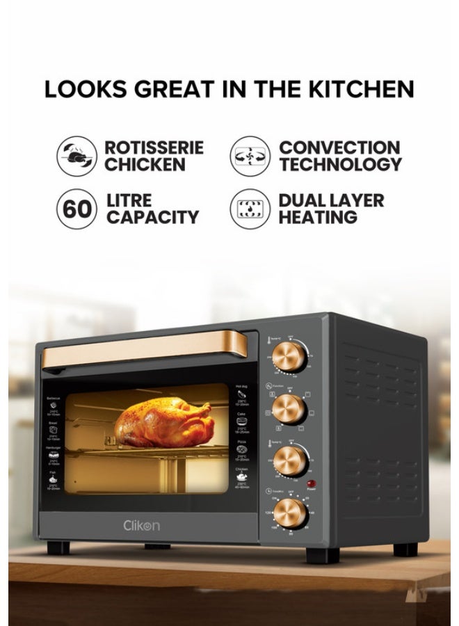 Clikon Dual Chef Grill & Bake 60L Electric Convection Oven with Rotisserie – Multi-Function, Stainless Steel, Adjustable Temperature, Accessories Included 1900 W 60 L 1900 W CK4362 Black and Gold - Image 2