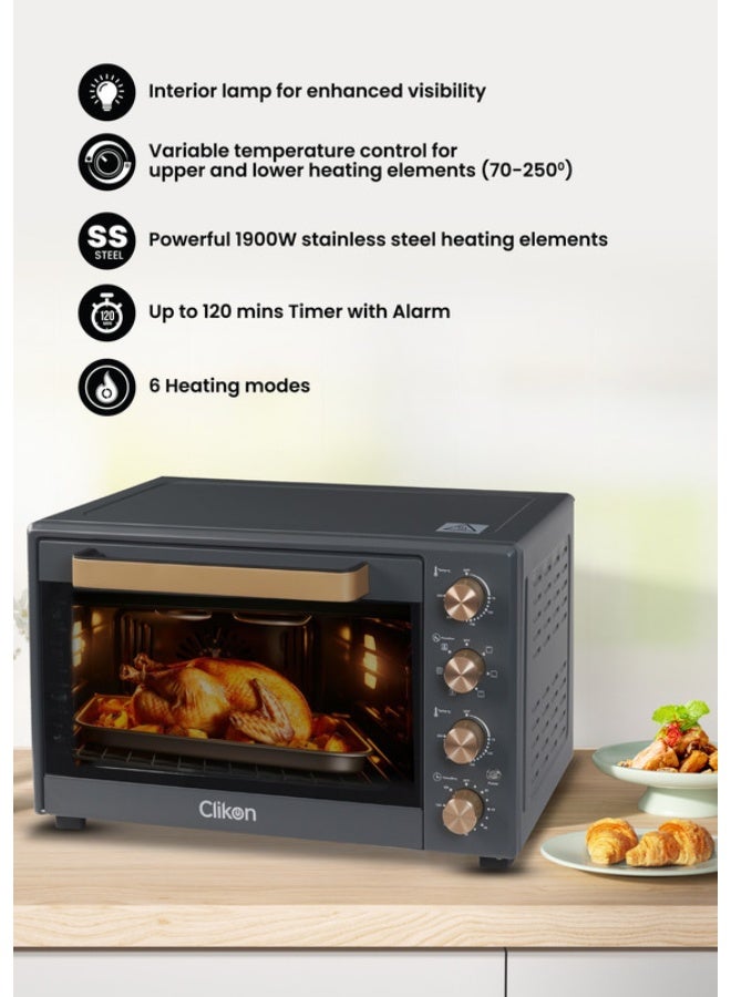 Clikon Dual Chef Grill & Bake 60L Electric Convection Oven with Rotisserie – Multi-Function, Stainless Steel, Adjustable Temperature, Accessories Included 1900 W 60 L 1900 W CK4362 Black and Gold - Image 4