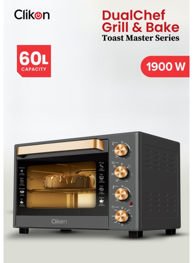 Clikon Dual Chef Grill & Bake 60L Electric Convection Oven with Rotisserie – Multi-Function, Stainless Steel, Adjustable Temperature, Accessories Included 1900 W 60 L 1900 W CK4362 Black and Gold - Image 1