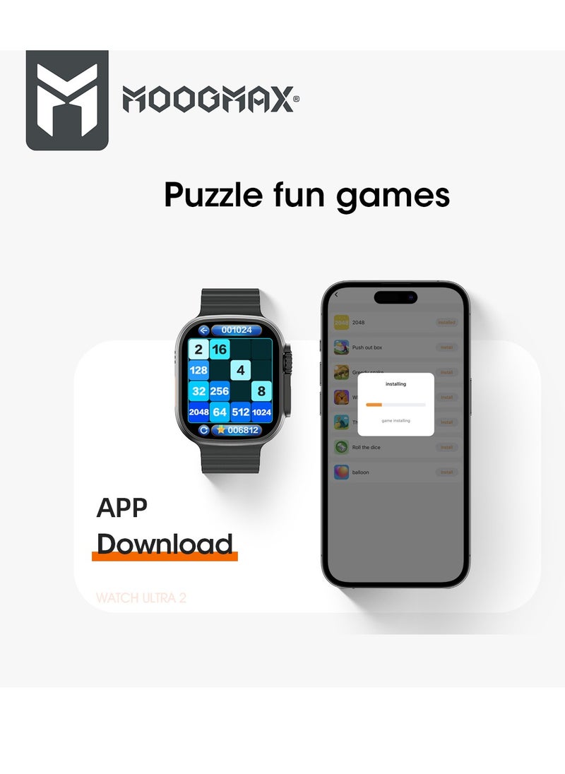 MoogMax (2nd Gen) ultra watch. IPX6 Water-resistant watch ultra. Smart touch watch with gesture-based call answering & answering from the watch using the built-in mic. smart watch ultra with a watch mobile app. Smart sports watch with all fitness measurements. smartwatch with wireless charging. Silver
