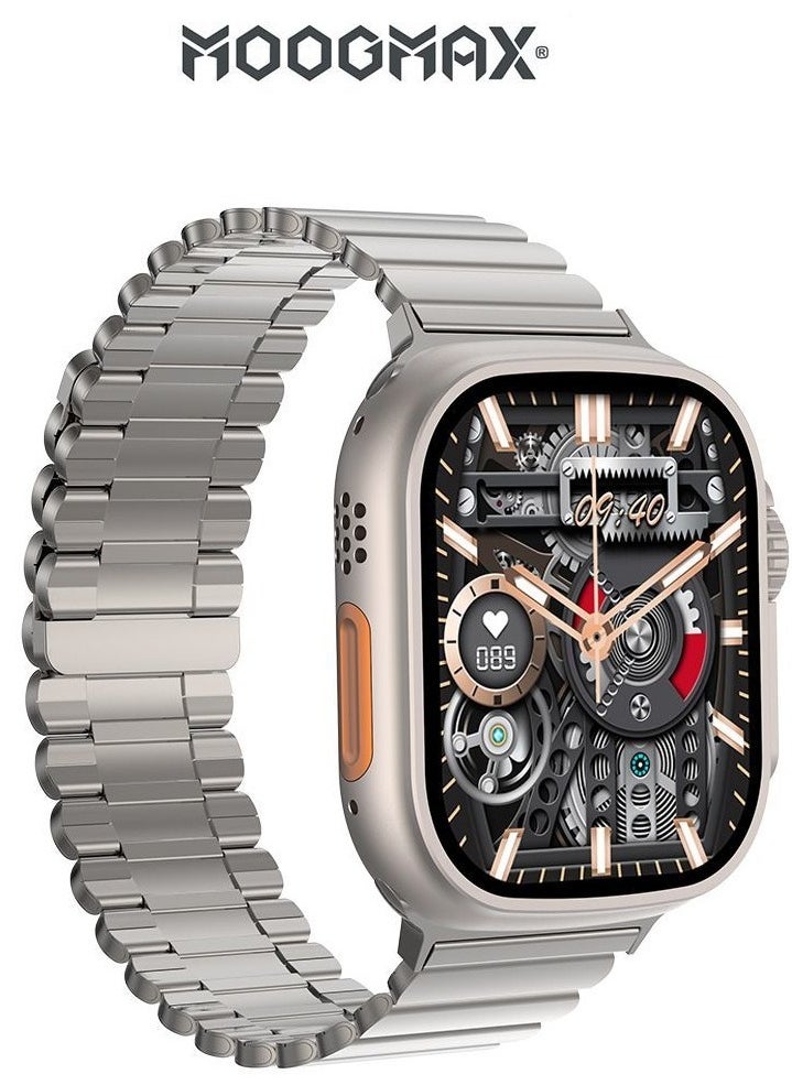 MoogMax (2nd Gen) ultra watch. IPX6 Water-resistant watch ultra. Smart touch watch with gesture-based call answering & answering from the watch using the built-in mic. smart watch ultra with a watch mobile app. Smart sports watch with all fitness measurements. smartwatch with wireless charging. Silver