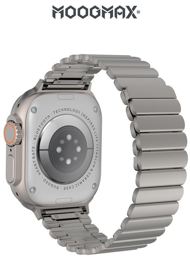 MoogMax (2nd Gen) ultra watch. IPX6 Water-resistant watch ultra. Smart touch watch with gesture-based call answering & answering from the watch using the built-in mic. smart watch ultra with a watch mobile app. Smart sports watch with all fitness measurements. smartwatch with wireless charging. Silver