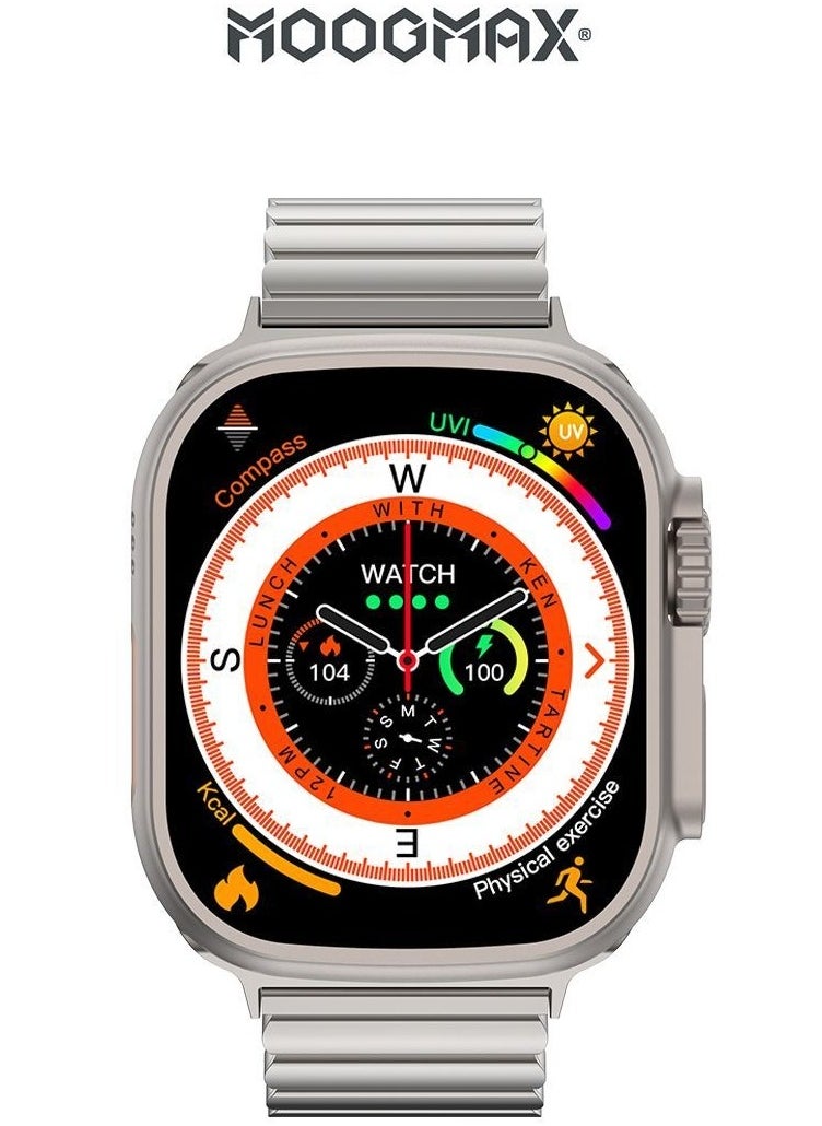 MoogMax (2nd Gen) ultra watch. IPX6 Water-resistant watch ultra. Smart touch watch with gesture-based call answering & answering from the watch using the built-in mic. smart watch ultra with a watch mobile app. Smart sports watch with all fitness measurements. smartwatch with wireless charging. Silver