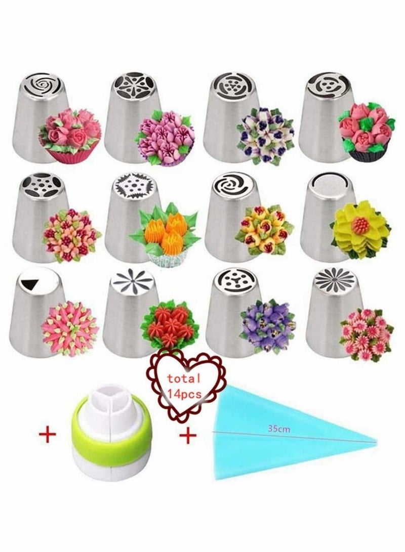 Y&D Russian Piping Tips Set 14 Pieces All in One Cake Decorating Supplies Kit 12 Icing Couplers and Bags Professional Baking Frosting Tools for Cupcakes Mould Cup (14pcs) - Image 1