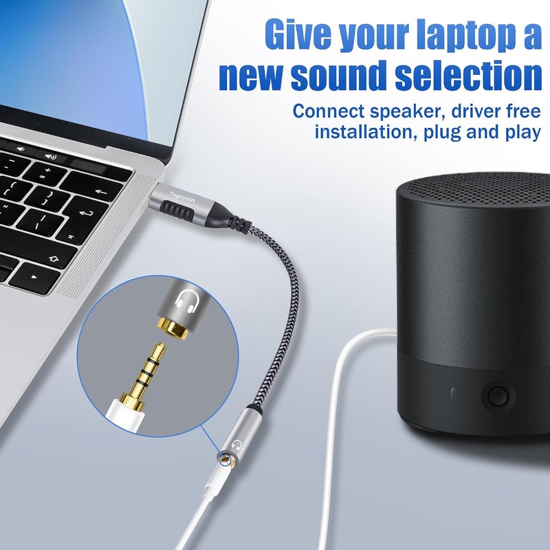 Togconn محول USB A إلى مقبس سماعة الرأس 3.5 ملم AUX عبوة مزدوجة، محول بطاقة صوت خارجي ستيريو، كابل محول صوت USB إلى AUX مع ميكروفون TRRS رباعي الأقطاب، متوافق مع سماعات الرأ��، الكمبيوتر الشخصي، اللابتوب، أجهزة سطح المكتب، PS4 - 0.6 قدم - Image 4