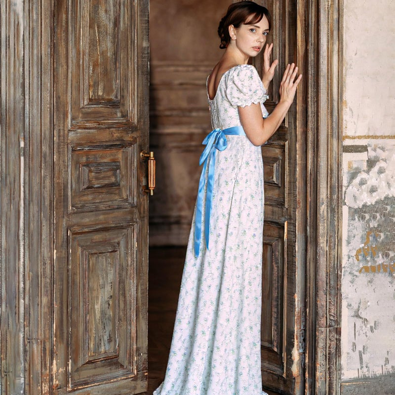 ZhouBoat Regency Dress for Women Long Floral Print Short Puff Sleeve Empire Waist Maxi Dress Vintage Inspired Costume M - Image 3