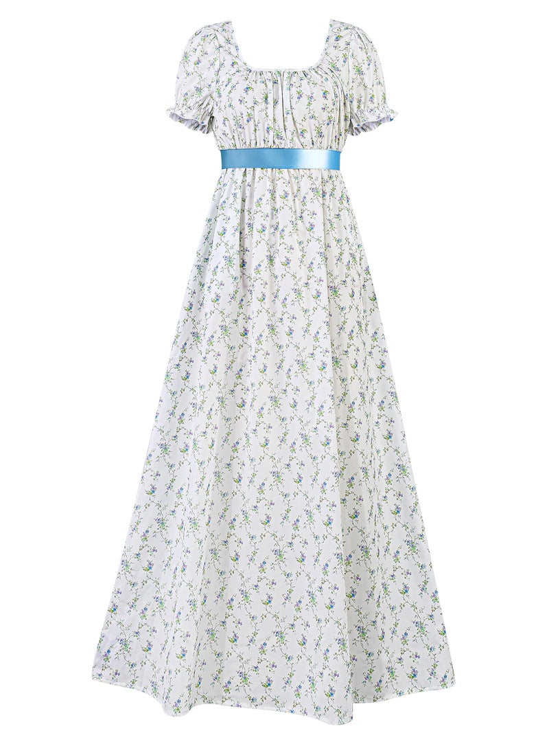 ZhouBoat Regency Dress for Women Long Floral Print Short Puff Sleeve Empire Waist Maxi Dress Vintage Inspired Costume M - Image 1