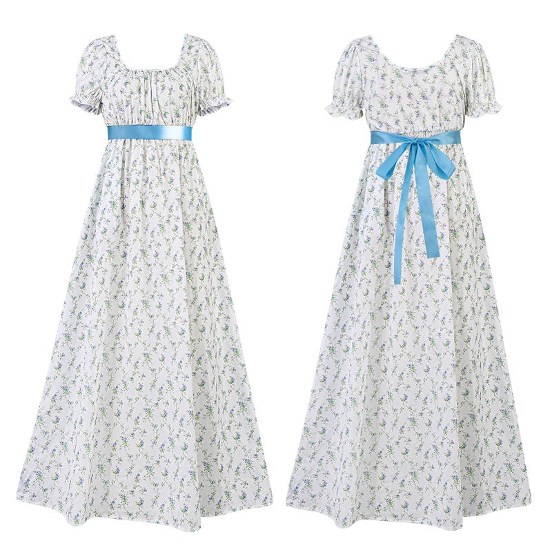 ZhouBoat Regency Dress for Women Long Floral Print Short Puff Sleeve Empire Waist Maxi Dress Vintage Inspired Costume M - Image 4
