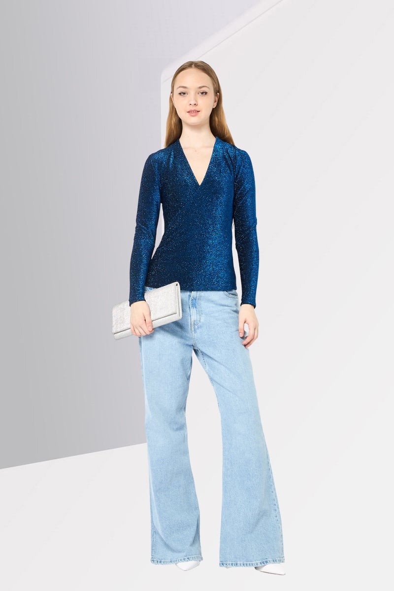 Karl Lagerfeld Women Surplice Neck Long Sleeve Metallic Blouse, Blue - Image 2