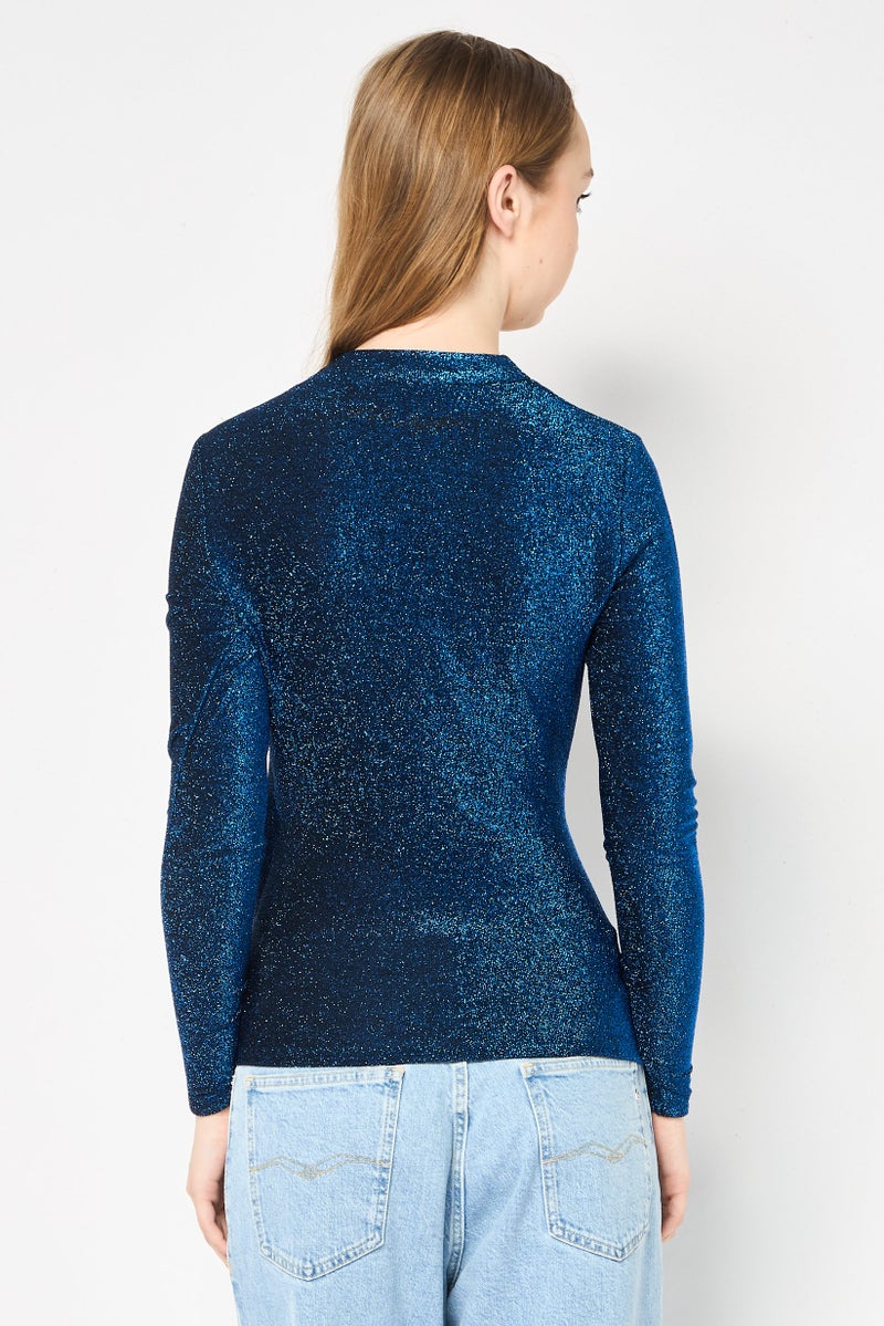 Karl Lagerfeld Women Surplice Neck Long Sleeve Metallic Blouse, Blue - Image 4