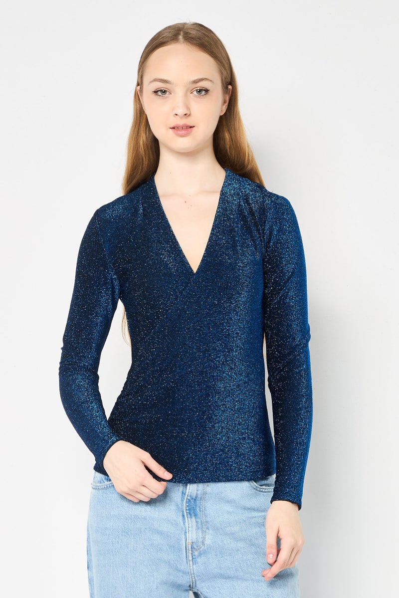 Karl Lagerfeld Women Surplice Neck Long Sleeve Metallic Blouse, Blue - Image 1