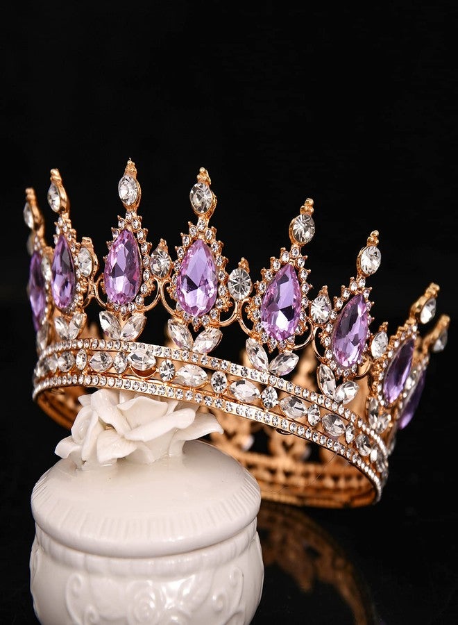 FORSEVEN Queen Crown Rhinestone Wedding Crowns and Tiaras for Women Costume Party Hair Accessories Princess Birthday Crown Crystal Bridal Crown (Gold+Light Purple) - Image 4