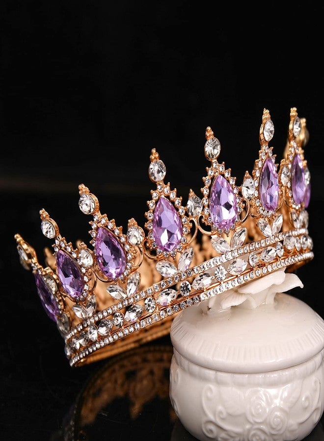 FORSEVEN Queen Crown Rhinestone Wedding Crowns and Tiaras for Women Costume Party Hair Accessories Princess Birthday Crown Crystal Bridal Crown (Gold+Light Purple) - Image 3