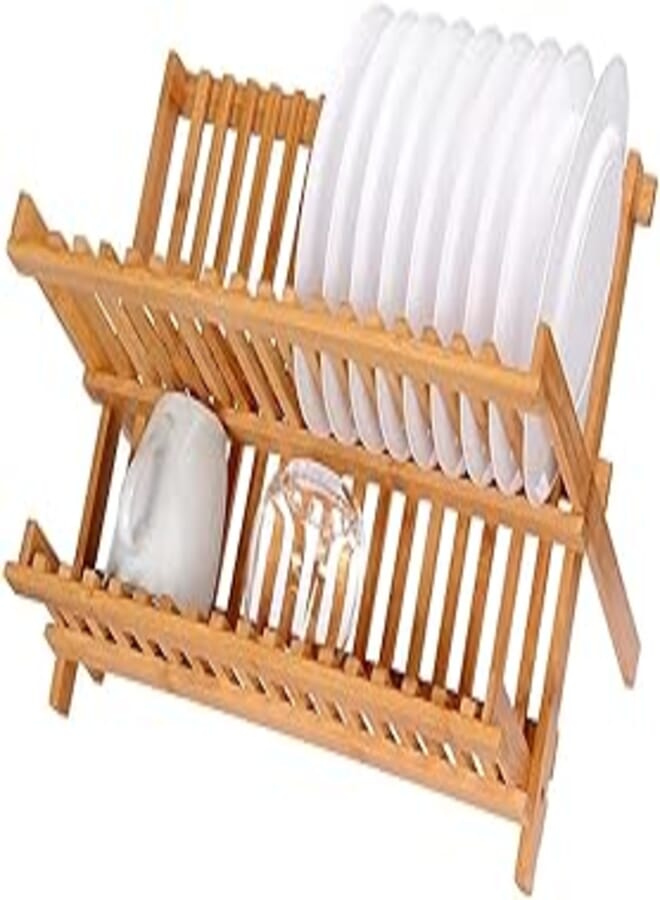 ALISSA Wooden Collapsible Dish Drying Rack Bamboo Kitchen Folding Dish Rack & Plate Holder Compact & Foldable Dish Drainer with 16 Holding Slots